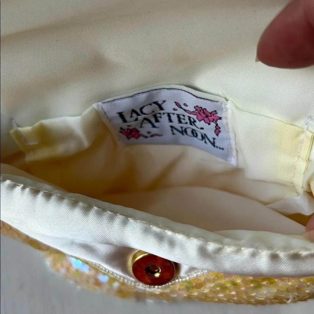 Vintage Shell Kepler Lacy After Noon Iridescent Yellow Sequin Bow Clutch